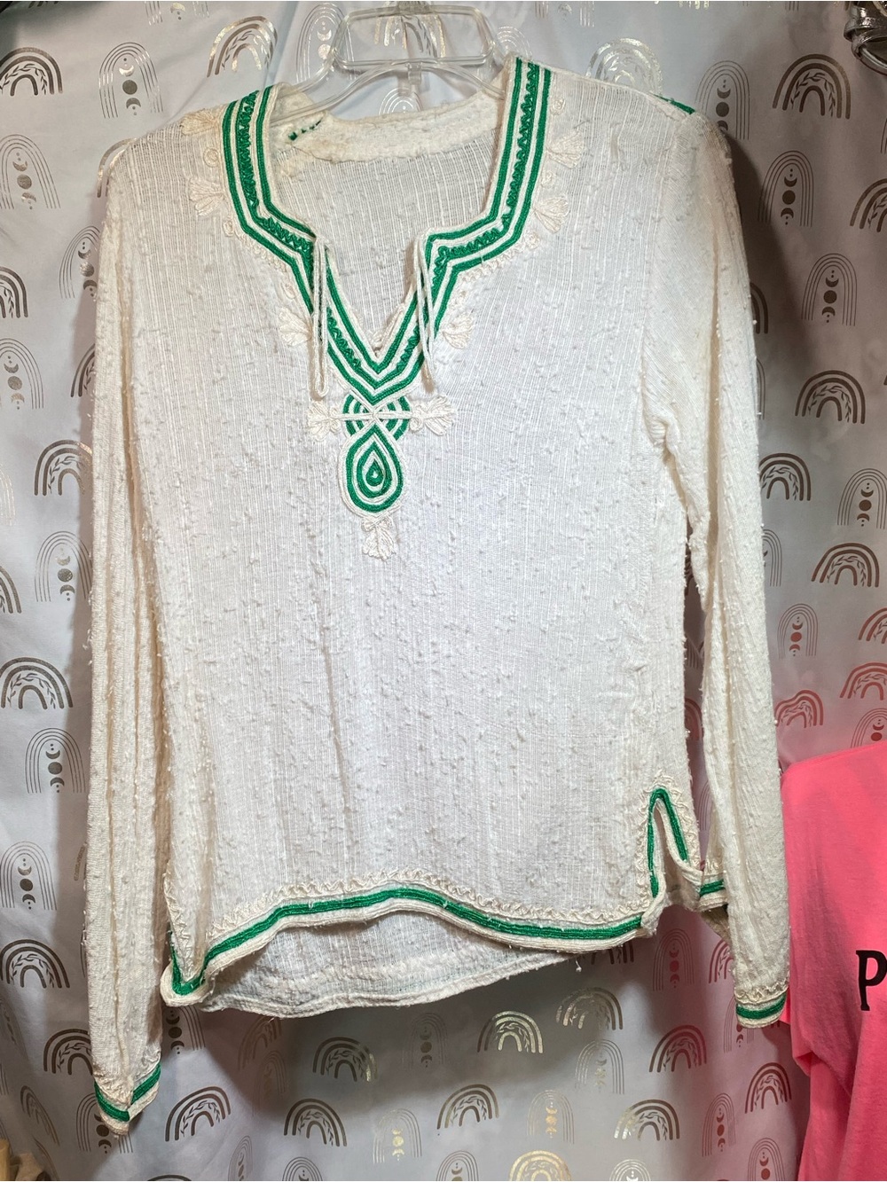 Women’s Cream Long-Sleeve Embroidered Tunic with Green Trim